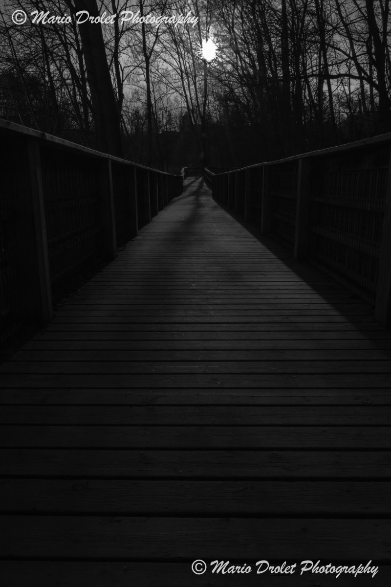 Black and white boardwalk at sunset