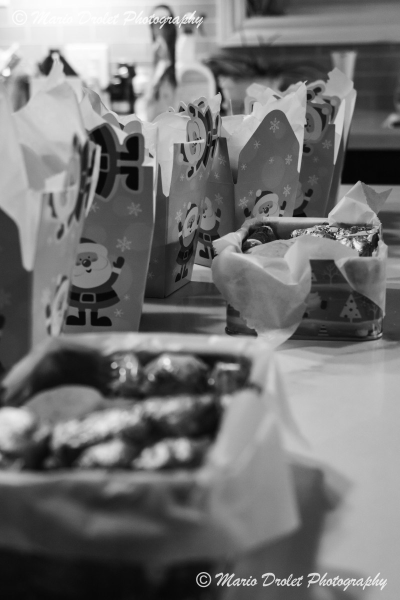 Black and white photo of homemade cookie and chocolate gift boxes