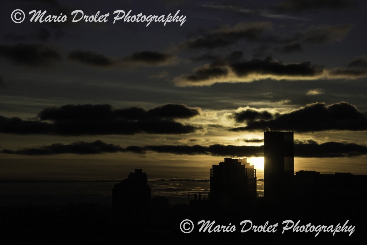 Silhouette of city buildings at sunset
