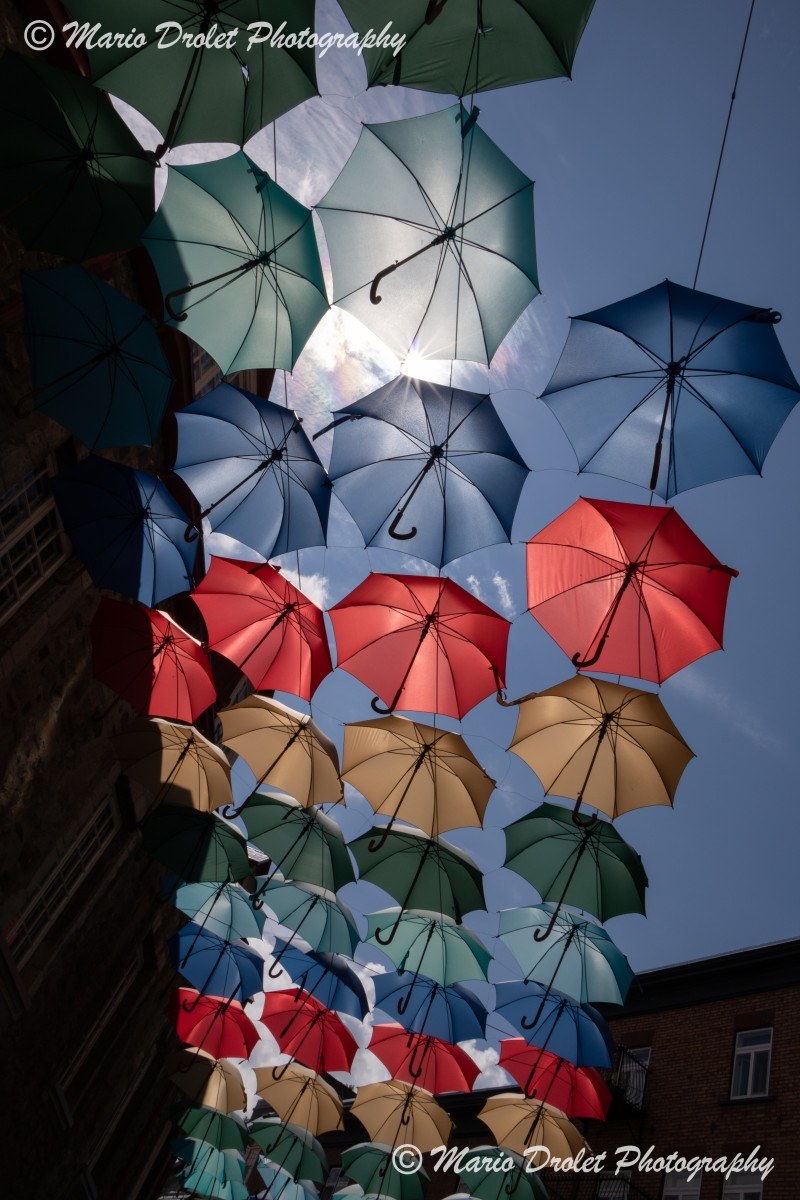 Bright and colourful umbrellas over Quebec city street